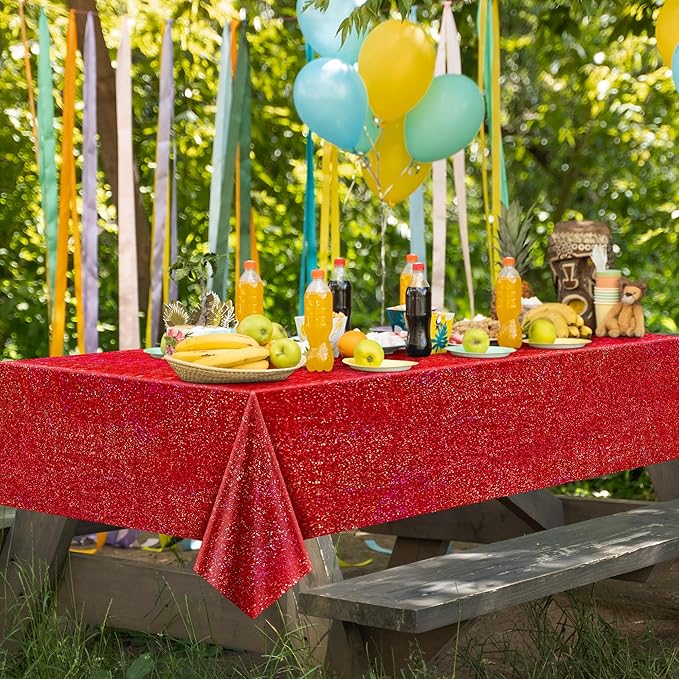 8 pcs Red Holographic Laser Tablecloths for Parties 40" x 108" Table Cloth Iridescence Shining Table Decoration For Valentines Galentines Day Princess Graduation Christmas Birthday Party Supplies