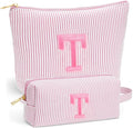 Initial Makeup Bag for Women - Travel Pouch, Portable Personalized Cosmetic Bag Make up Kit Pouch | Travel Essentials Cute Makeup Bag Birthday Gifts for Women, Light Pink Letter T