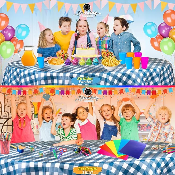 Grandipity 12 Pack Premium Disposable Plastic Picnic Tablecloth 84" Inch Decorative Round Table Cover - Blue Checkered Gingham