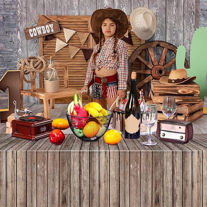 Tiamon 6 Pcs Western Party Tablecloth Western Cowboy Party Table Cover Cowboy Theme Plastic Tablecloth Wild West Wood Grain Table Cover for Birthday Baby Shower Decor (54 x 108 Inch)