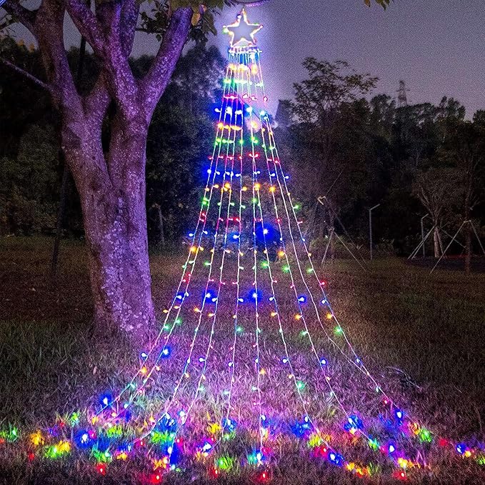 Christmas Decoration Lights, Outdoor Christmas String Lights 320 LED 11.5 Ft Waterfall Tree Light with Big Star Topper 8 Light Modes for Xmas New Year Holiday Garden Yard Indoor Outdoor Decor