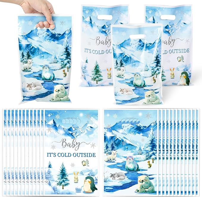 Winter Animals Party Favor Bags - 50Pcs Watercolor Polar Animals Goody Candy Treat Gifts Bags, Penguin Polar Bear Themed Party Decorations for Kids Birthday Baby Shower Winter Theme Events Supplies