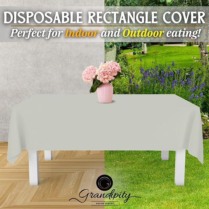 Grandipity 12 Pack Premium Disposable Plastic Tablecloth 54 Inch. x 108 Inch. Decorative Rectangle Table Cover - Light Grey