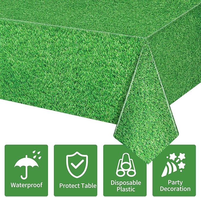 54 x 108 Inch Grass Party Tablecloths Disposable Plastic Green Table Cover for Golf Birthday Party Hole in One Decorations Outdoor Indoor Supplies
