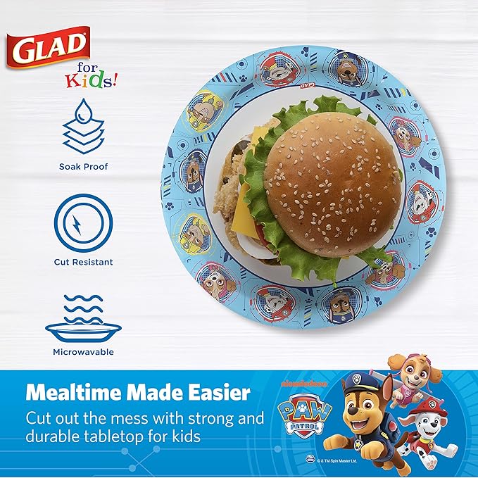 Glad for Kids Paw Patrol Disposable Paper Plates, Heavy Duty Soak Proof Microwavable Kids Plates for Parties, Birthdays, and Everyday Meals, Core Pups Blue, 8.5 Inch, 20 Count - 5 Pack