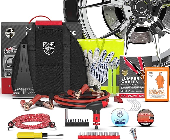 Swiss Safe 2-in-1 Car Emergency Kit | 12-FT Heavy-Duty Jumper Cables & 378-Piece Comprehensive Car First Aid Kit | Compact Roadside Auto Essentials for Vehicle Safety