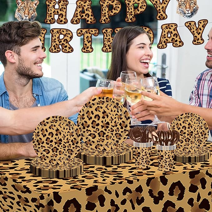 142PCS Leopard Print Party Decorations,Jungle Animal theme Decorations Include Tableware, Plate, Cup, Napkin, Cutlery, Animal Cheetah Print Birthday Party Supplies Serve 20