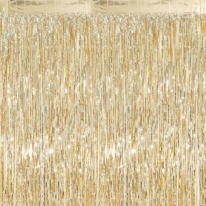 Crosize 2 Pack 3.3 x 9.9 ft Foil Fringe Curtains Party Decorations Champagne Gold,Tinsel Curtain Backdrop for Parties, Door Streamers, Glitter Streamer Backdrop for Birthday Decoration