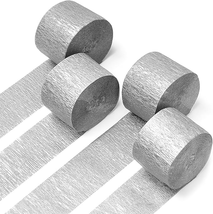 PartyWoo Silver Crepe Paper Streamers 4pcs 328ft Pack of Silver Crepe Paper for Wedding Bachelorette Birthday Baby Shower Bridal Shower Engagement Anniversary New Year Graduation Party Decorations