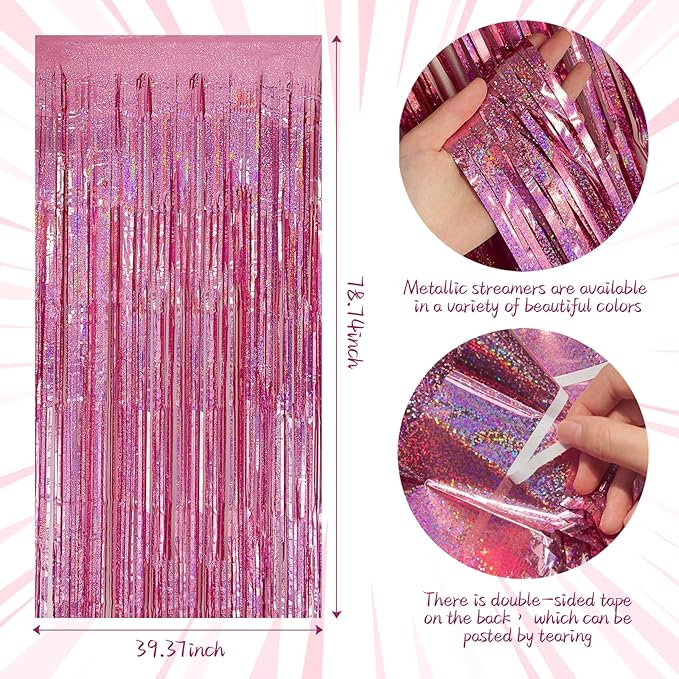 Tinsel Curtain Pink Birthday Party Decorations 2 Packs Glitter Foil Fringe Curtain Decor Streamers Photo Booth for Birthday Christmas Wedding Halloween Graduation
