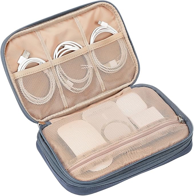 NISHEL Travel Cord Organizer Case, Double Layers Tech Electronic Bag, Essentials for Charger, Cable, Phone, Flash drive, Large, Aegean-Blue