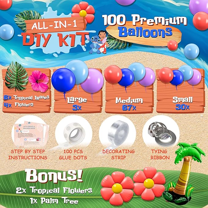 ALL-IN-1 Blue Alien Balloon Arch Kit with BONUS Palm Tree & Tropical Flowers for Cute Space Creature Theme Kids Birthday, Baby Showers & Outer Space Parties - Tropical Blue Monster Party Decorations