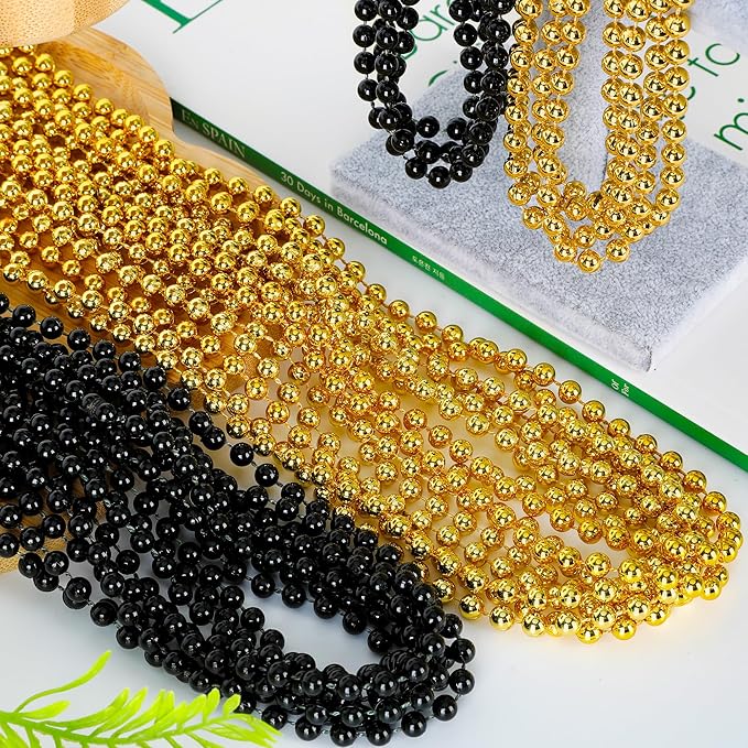 120PCS Black Gold Beads, New Years Eve Graduations Party Supplies, 33" Festival Black Gold Beaded Necklace Accessories Bulk, New Years Graduations Mardi Gras Parade Throw Accessories