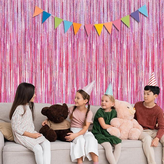 12 Pack Pink Backdrop, 3.28 FT x 7.05 FT Foil Streamers, Metallic Glitter Backdrop Pink Tinsel Fringe Curtains Party Streamers, Pink Birthday Valentines Day Party Decorations Photo Booth Props