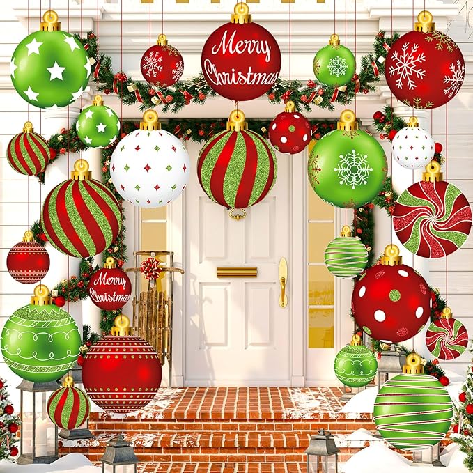 Huwena 24 Pcs Christmas Decorations Outdoor Christmas Hanging Ornaments Peppermint Candy Yard Signs Double Sided Lawn Decorations Peppermint Ornaments for Xmas(Red, Green)