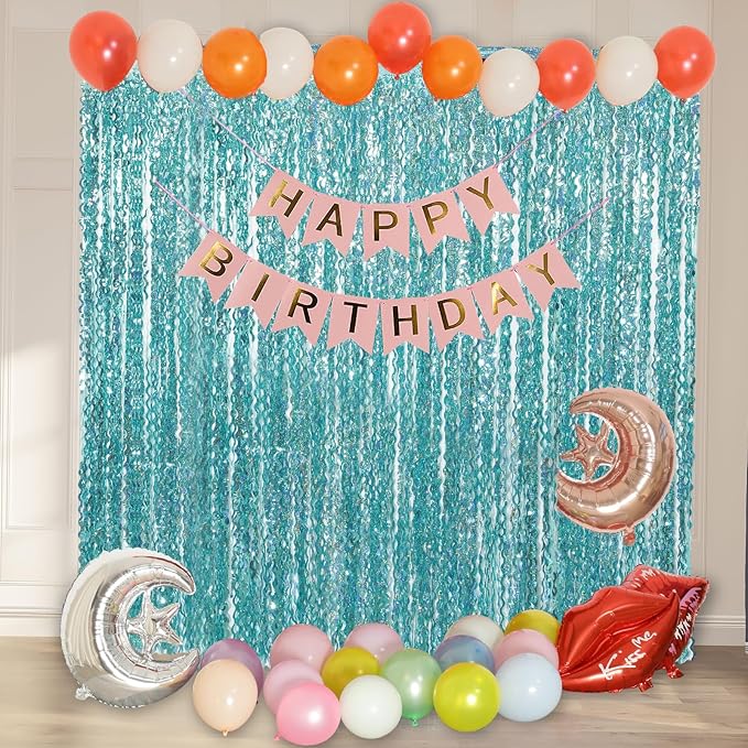 4 Pack 3.3 ft x 6.6 ft Wavy Sparkle Aqua Teal Blue Foil Curtain - Water Blue Foil Streamers for Holiday Bachelorette Ocean Themed Decor Winter Party Decorations Supplies