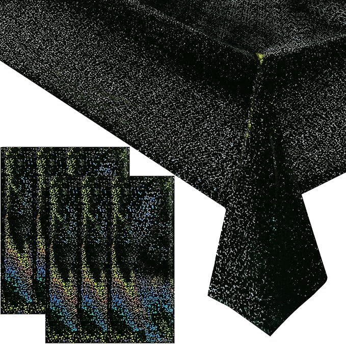 6 Pcs Black Holographic Laser Tablecloths Iridescence Shiny Table Covers 40" x 108" Foil Rectangle Table cloths for Halloween Baby Shower Undersea Ocean Birthday Party Winner Wedding Party Décor