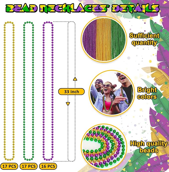 24PCS Mardi Gras Accessories, Mardi Gras Green Purple Gold Metallic Beads Necklaces Accessories Bulk, Mardi Gras Beads Necklace Costumes Women Men Kids for Parade Throws Party Decor Favor Supplies