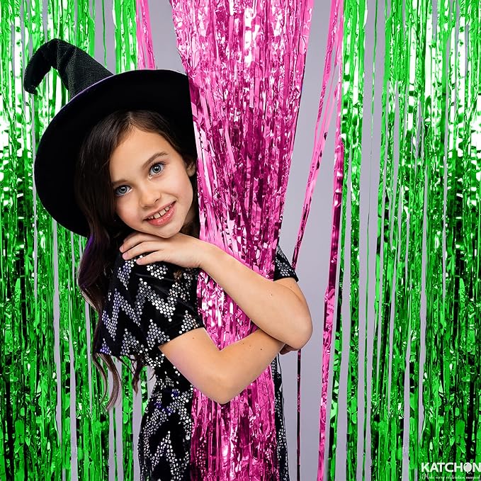 KatchOn, XtraLarge Green and Pink Fringe Backdrop, Pack of 2 - Streamer Backdrop for Flamingo, One in A Melon Party Decorations | Pink and Green Party Decorations | Princess Birthday Decorations