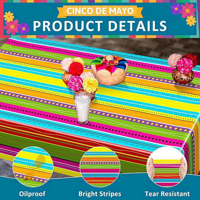 6 Pcs Mexican Party Decorations, 54"X108" Disposable Fiesta Tablecloths, Colorful Mexican Striped Tablecover Plastic Tableware Fiesta Decor for Cinco De Mayo, Taco Night, Mexico Themed Party Supplies