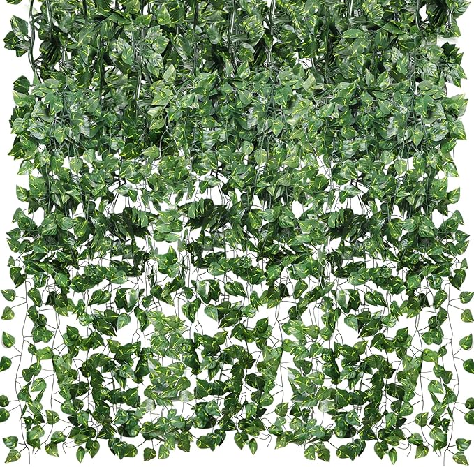 CEWOR 48 Pack 7 Feet Artificial Ivy Garlands, Fake Vines Greenery Hanging Plants Green Leaves Backdrop for Room Bedroom Wall Decor, Jungle Themed Party Wedding Decorations