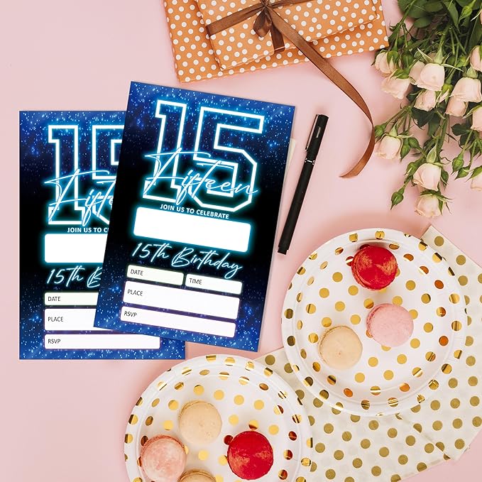 SIXEIGHT Blue 15th Birthday Invitations for Boys, Neon Glow Party Invitations for Girls Kids, 20 Pack Double Sided Invite Cards with Envelopes, 15th Glow Neon Birthday Party Decorations, 4x6 Inch-C48