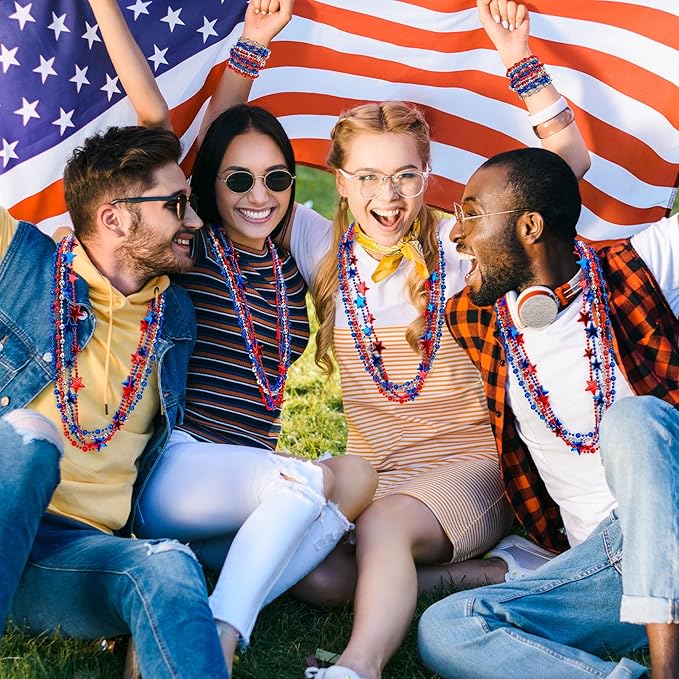 4th of July Accessories, 24PCS Fourth of July Patriotic Beads Necklaces Bulk, Independence Day Red Blue White Stars Round Beads, Patriotic Necklace for Parade Party Favors Decorations