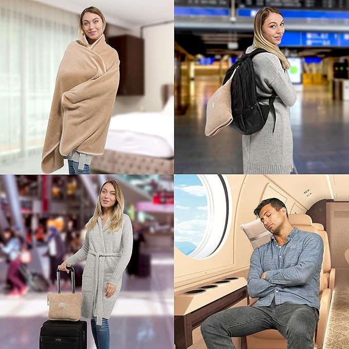 BlueHills Premium Soft Travel Blanket Pillow Airplane Blanket Packed in Soft Bag Pillowcase with Hand Luggage Belt Backpack Clip Compact Pack Large Portable Flight Throw Beige T005