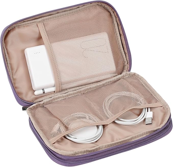 NISHEL Travel Cord Organizer Case, Double Layers Tech Electronic Bag, Essentials for Charger, Cable, Phone, Flash drive, Large, Purple