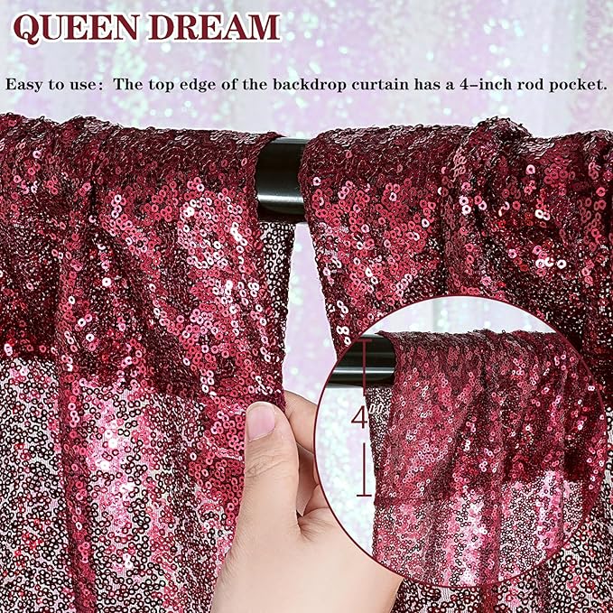 Glitter Sequin Backdrop 2 Panels 3x8FT Burgundy Red Wedding Photo Background Curtains for Birthday Party Decorations