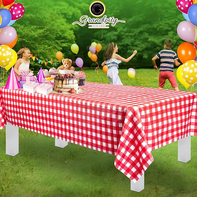Grandipity 12 Pack Premium Disposable Plastic Picnic Tablecloth 54 Inch. x 108 Inch. Decorative Rectangle Table Cover - Red Checkered Gingham