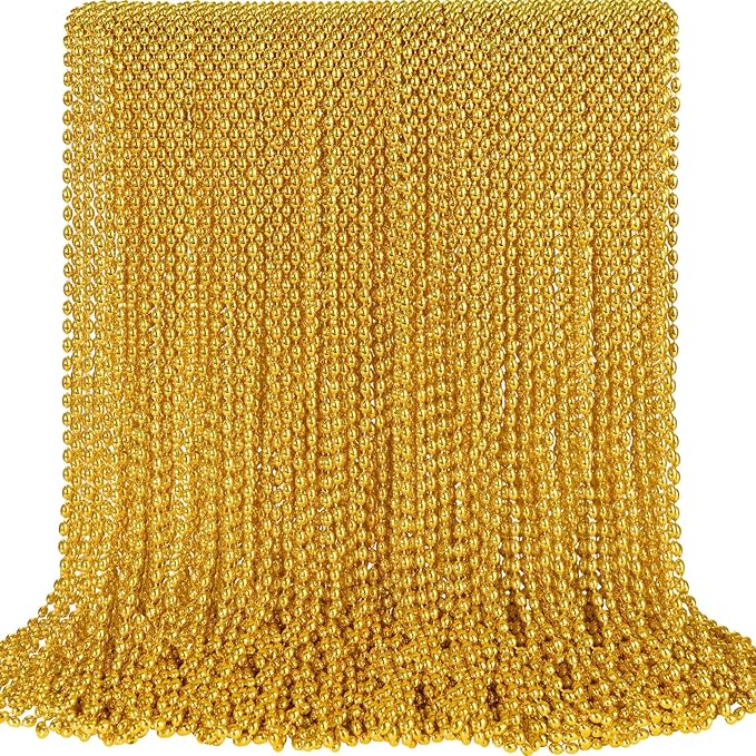 SHAOQINLIN 100 PCS Gold Bead Necklace, Gold Mardi Gras Christmas Oval Beads Necklaces 30.5" Metallic Beaded Costume Necklaces Party Necklaces for Mardi Gras Christmas Parade Throws Pirate Party Favors