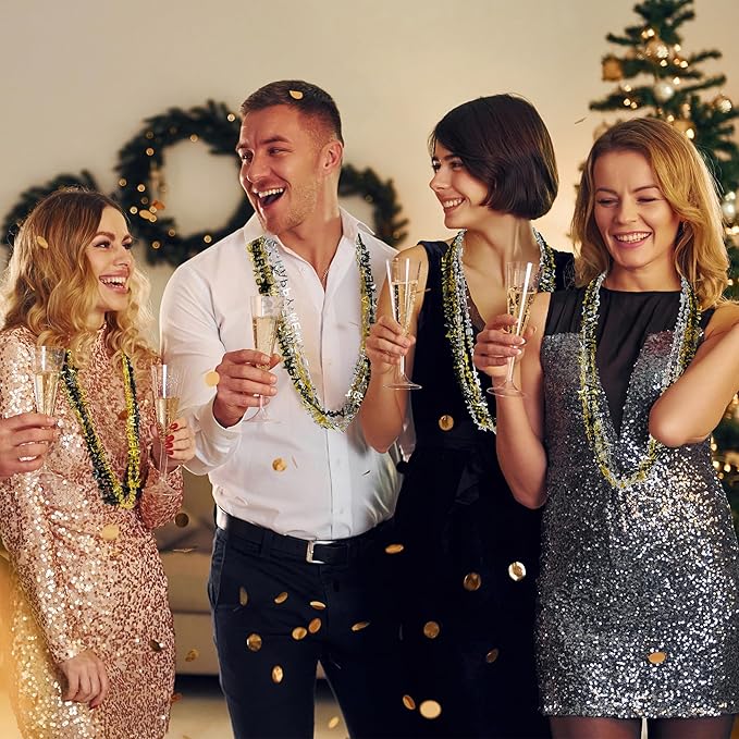 48PCS New Years Necklace, 3 Kinds New Years Eve Bead Necklaces Party Supplies 2026 Bulk, HAPPY NEW YEAR Star Necklace Accessories, Black Gold Silver Bead Necklace 2026 for New Year Party Decorations