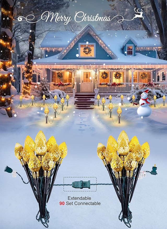 Brightown 2 Pack Strawberry C9 Christmas Pathway Lights Outdoor - Total 34.8 Feet 20 LED Christmas Walkway Lights, Christmas Lights Outdoor Decorations for Yard Lawn Holiday Outside, Warm White