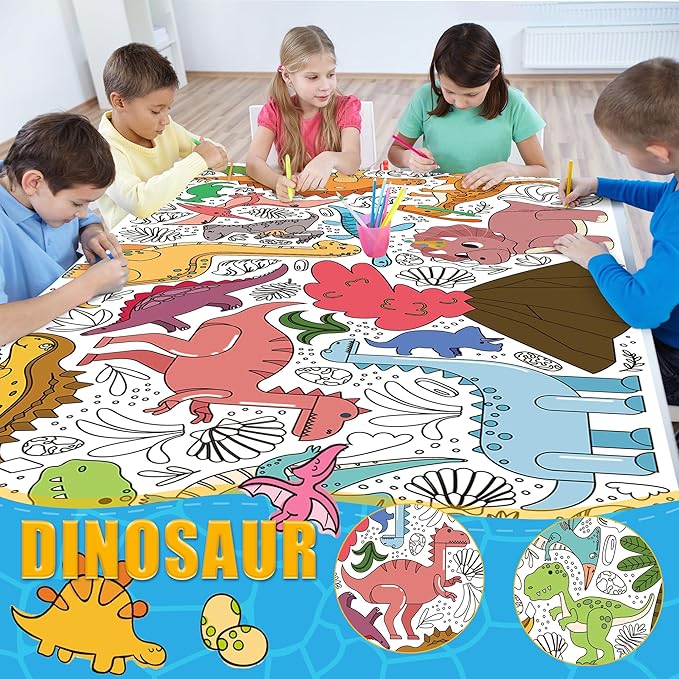 OHOME Dinosaur Giant Coloring Poster/Tablecloth - Dinosaur Birthday Decorations - 30 x 72 Inches Jumbo Coloring Banner Kids Crafts Toys Activities Decor Party Favors Supplies