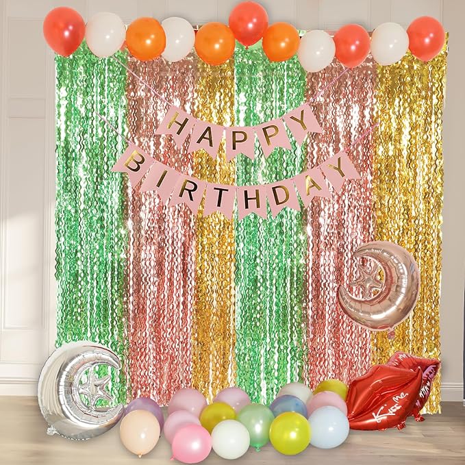 3 Pack Gold Green and Rose Gold Foil Curtain Party Decorations - 3.3x6.6fr Tinsel Streamers for Hawaiian Summer Tropical Beach Luau Themed Party Photo Booth Props Backdrop
