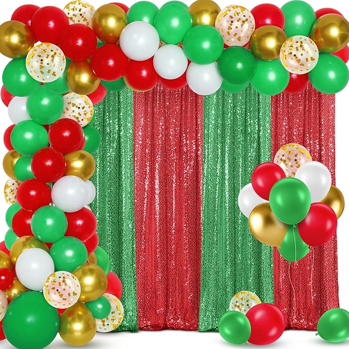 137 Pcs Red Green Christmas Party Backdrop Kits-4 Sequin Curtains Backdrop 133 Balloon Arch Kit, Glitter Photo Background for Xmas New Year Eve Birthday Wedding Anniversary Baby Shower