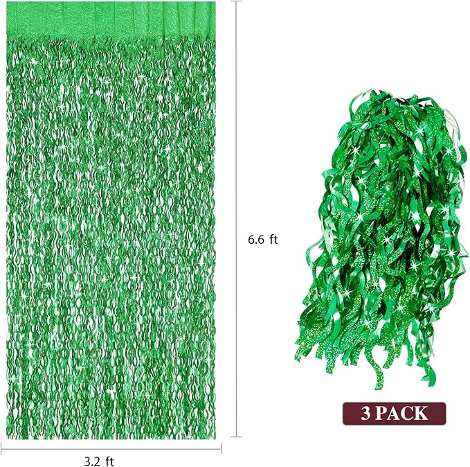 Green Foil Backdrop Curtain - CYLMFC 3 Pack 3.3 ft x 6.6 ft Birthday Streamers Party Curtains Decorations Backdrop Xmas Graduation Decor