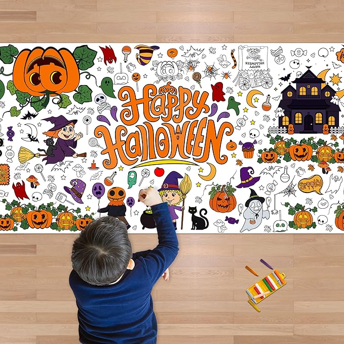 OHOME Halloween Giant Coloring Poster/Tablecloth-Halloween Crafts for Kids-30 x 72 Inches Jumbo Paper Coloring Banner Gifts for Kids Activities Games Toys Party Favors- Halloween Party Decorations