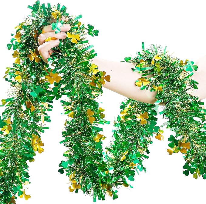 St Patricks Day Garland Decor,50Ft Glitter Tinsel Irish Shamrock Garland Decorations for Tree Mantle Bedroom Office Classroom Party Indoor Outdoor Holiday Home Green Gold