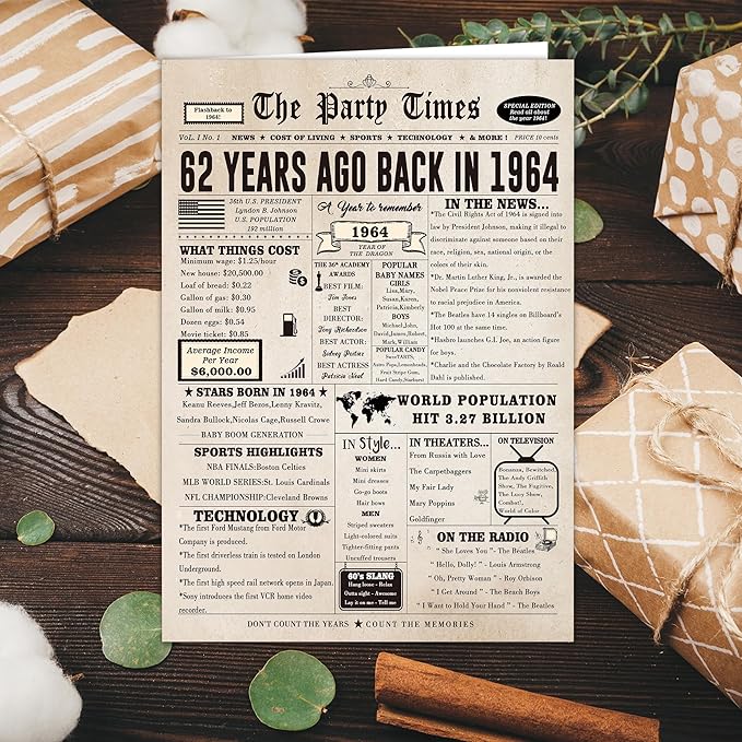Ziwenhu Vintage 62nd Birthday Card Gifts for Women Men,Funny 62 Year Old Birthday Party Decorations for Grandma or Grandpa,Big 62nd Birthday Cards for Dad Mom