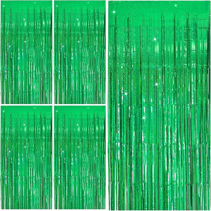 Tinsel Curtain Backdrop Green Birthday Party Decorations 5 Packs Glitter Foil Fringe Curtain Decor Streamers Photo Booth for Christmas Wedding Halloween Graduation