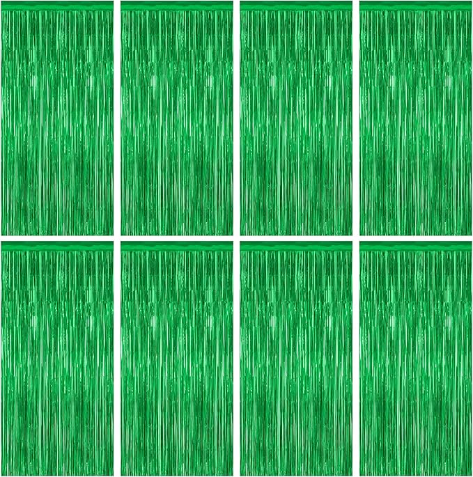8 Pack Green Streamer, 3.28 FT x 7.05 FT Dinosaur Backdrop, Metallic Tinsel Backdrop FOI Fringe Curtains Party Streamer, Jungle Decor Green Streamer Party Decorations Photo Booth Props