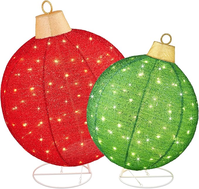 Best Choice Products 2pc Lighted Pop-Up Outdoor Christmas Ornament Set, Holiday Ball Decoration w/ 180 LED Lights, 8 Light Functions - Red/Green