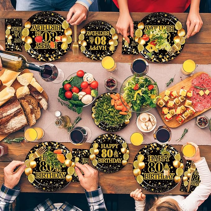 96Pcs 80th Birthday Party Tableware Set, Back in 1946 Birthday Party Decorations Supplies for Men Women Cheers to 80 Years Disposable Paper Plates Napkins Forks Favors, Serve 24