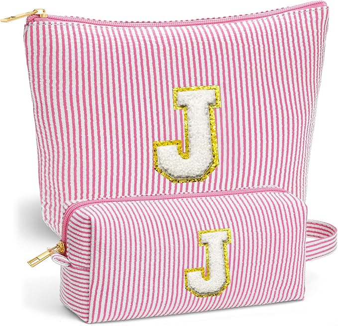 Travel Essentials - Portable Travel Toiletry Bag for Women, Initial Makeup Kit Organizer Make up Cosmetic Bag Set Pink Stuff Birthday Gifts for Women Daughter Mom, Pink Letter J