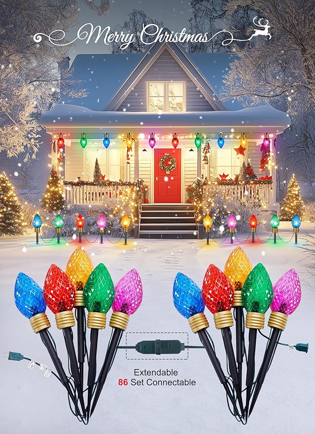 Strawberry Jumbo C9 Christmas Lights Outdoor - 4 Pack Total 34FT 20 LED Jumbo C9 Christmas Pathway Lights Outdoor, C9 Walkway Lights, Christmas Decoration for Outside Lawn Holiday, Multicolor