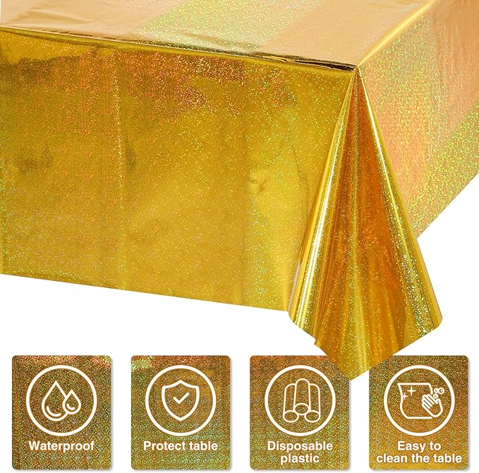 1 Pack Iridescence Plastic Tablecloths Shiny Disposable Laser Rectangle Table Covers Holographic Foil Tablecloth Iridescent Party Decoration Birthday Bridal Wedding Christmas 54" x 108" (Gold)