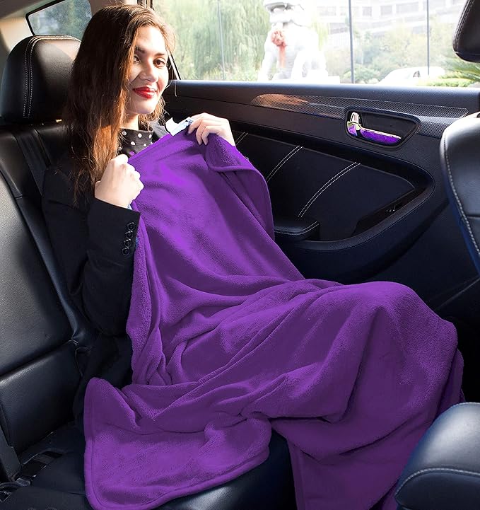 BlueHills Travel Blanket Pillow Premium Soft Plush for Airplane Travel Size Blanket Throw Long Flight Essentials in Compact Bag Plane Portable Lightweight Purple T021