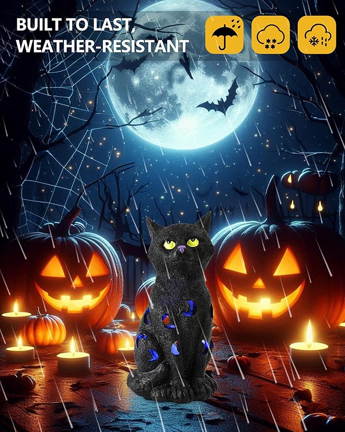 Black Cat Decor Halloween Decorations - 7.3'' Tall Resin Figurine with Moon Cutouts Color-Changing LED Flickering Lights (Halloween Cat)